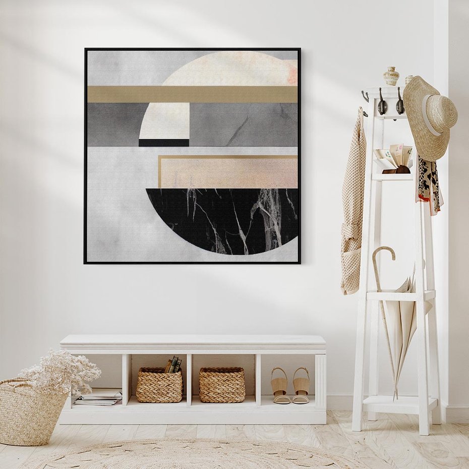 Obraz w ramie 50x50 - Biało-Czarne Formy - nowoczesna geometria, koło - rama czarna