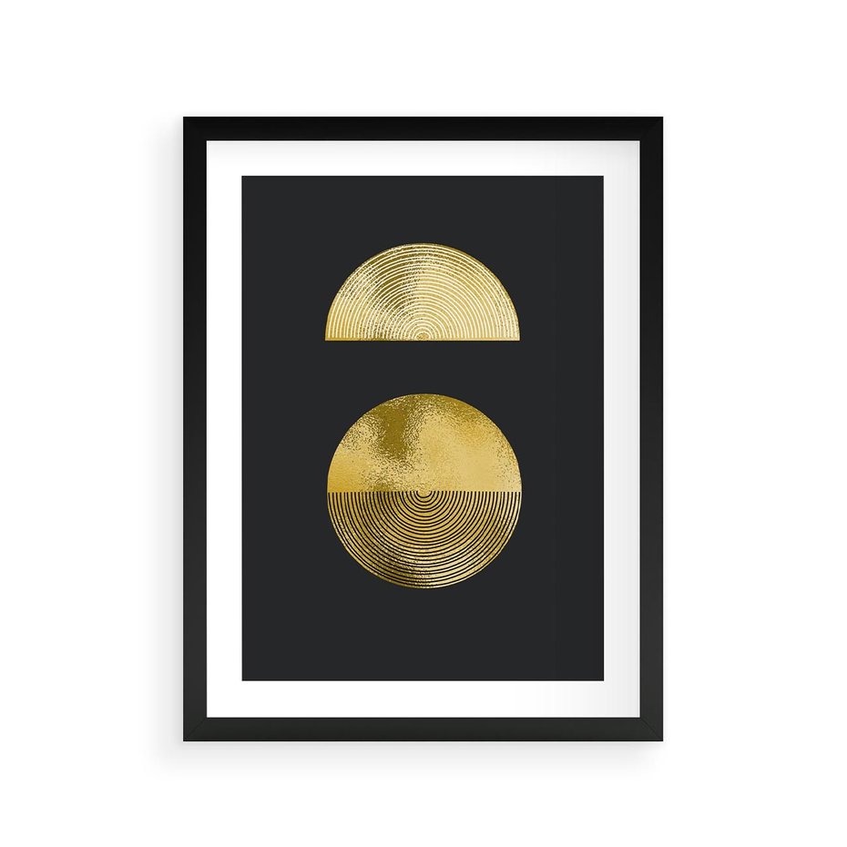 Plakat w ramie 30x40 - Migotliwe Przeniknięcia - złote koła, czarne tło - rama czarna