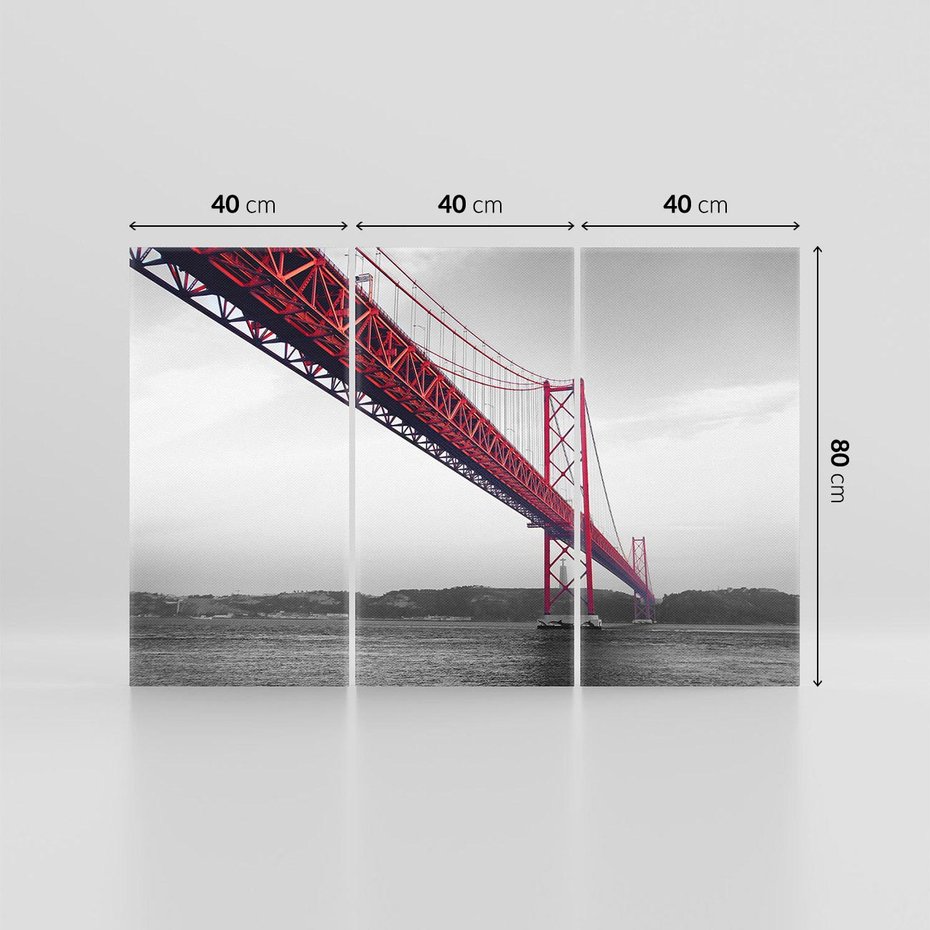 Obraz na płótnie 120x80 - Majestatyczny Most - czarno biała fotografia, czerwony stalowy most nad rzeką