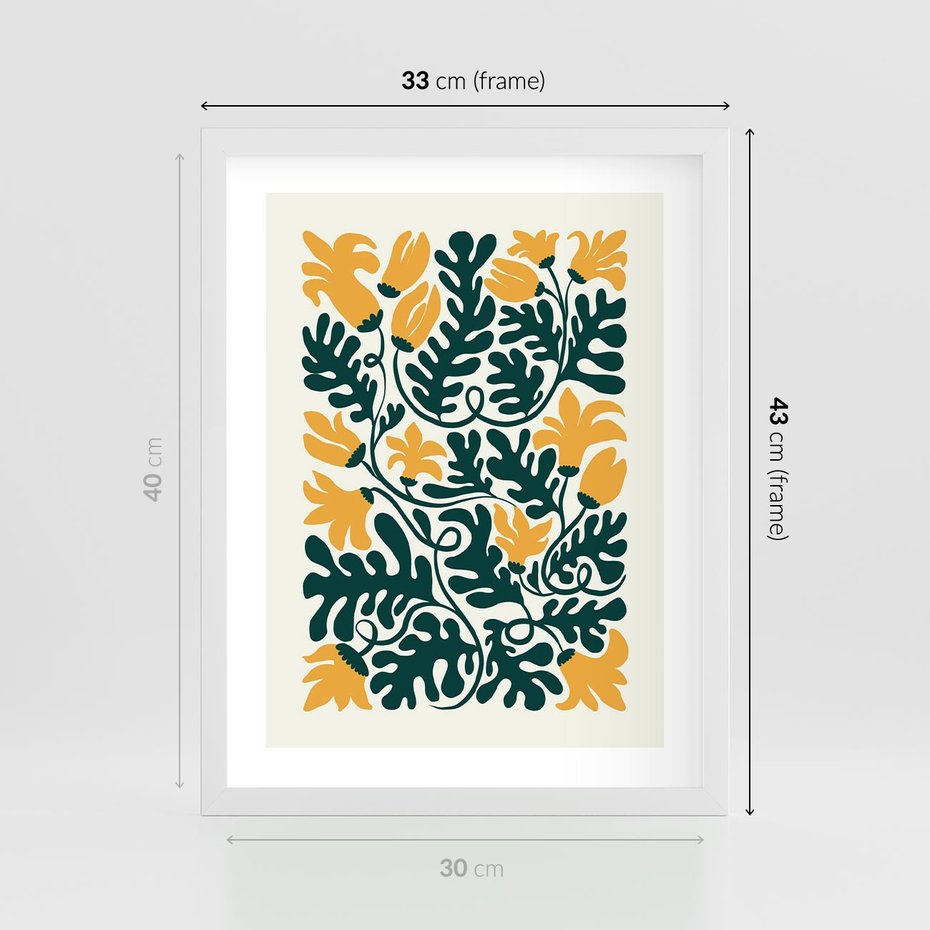 Plakat w ramie 30x40 - Impulsy Kreatywności - abstrakcyjne żółte kwiaty, kompozycja - rama biała