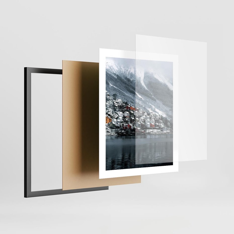 Plakat w ramie 40x50 - Skandynawia na Wzgórzach - domki na wzgórzu, skandynawia - rama czarna