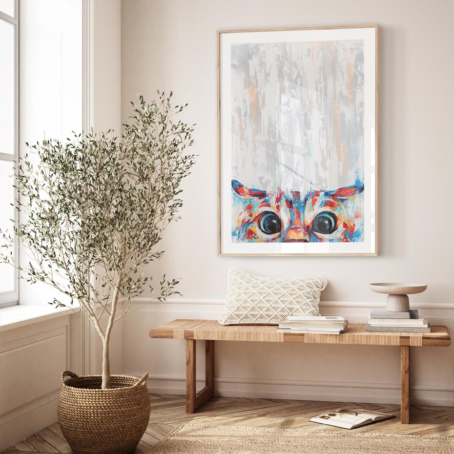 Plakat w ramie 40x50 - Co ja Widzę - obraz olejny, śmieszny obraz kota - rama drewno