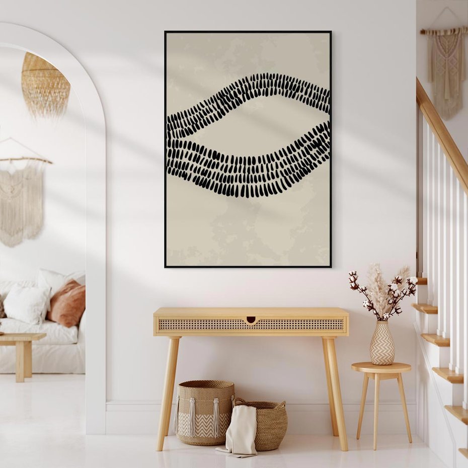 Obraz w ramie 50x70 - Kontury Ewolucji Materii - boho plakat, czarne kropki kreski - rama czarna