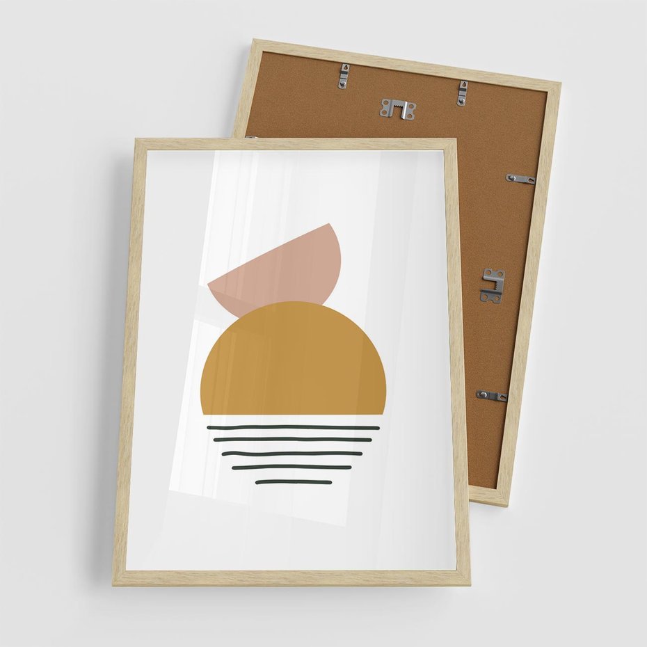 Plakat w ramie 50x70 - Kolory Przyszłości - kompozycja kół i kresek, ciepłe kolory - rama drewno