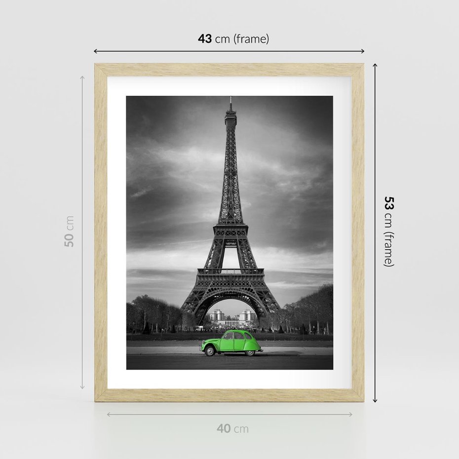 Plakat w ramie 40x50 - Paryskie Romantyczne Spotkanie - Eiffla, samochód - rama drewno