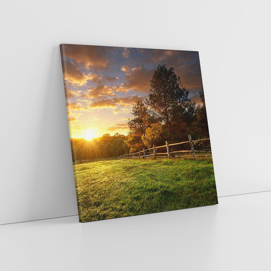Obraz na płótnie 30x30 - Urok zachodu słońca na łące z drzewami - łąka, zachód