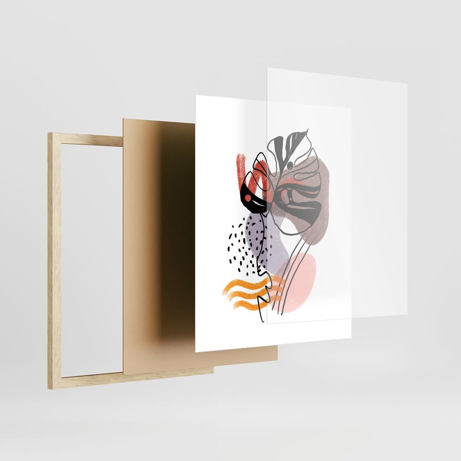 Plakat w ramie 40x50 - Wibracje Abstrakcyjnych Form - abstrakcyjna sztuka, liść monstery - rama drewno