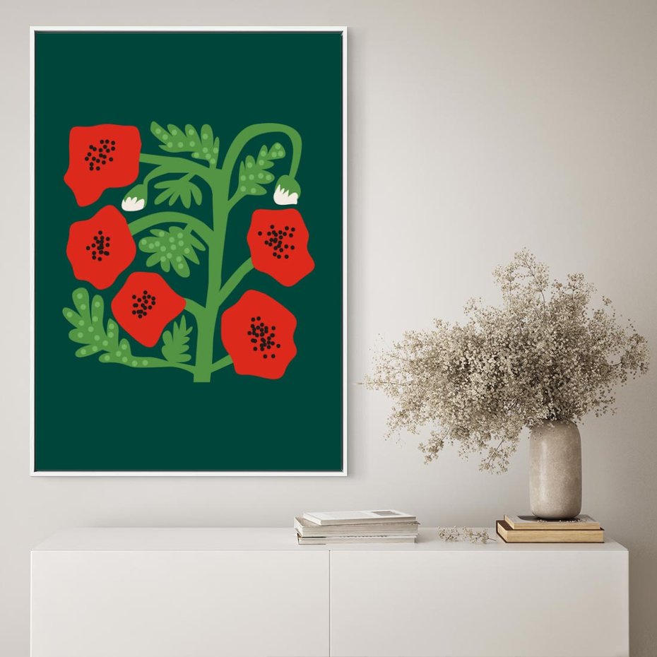 Obraz w ramie 50x70 - Księga Odbić - abstrakcyjna kwiatowa kompozycja, zielone mocne tło - rama biała