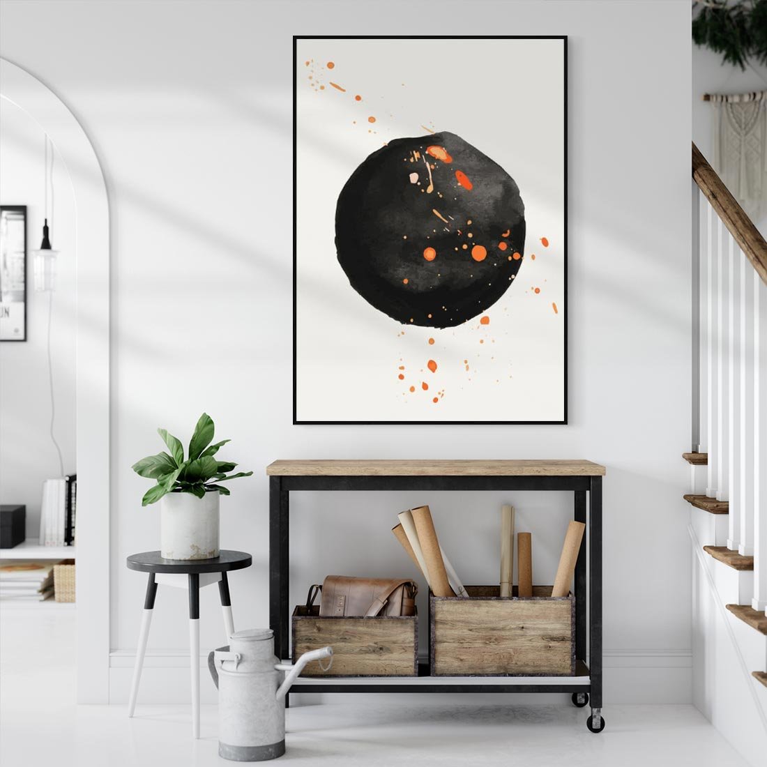 Obraz w ramie 70x100 - Wnętrza Marzeń - abstrakcyjna czarna plama, rozsiane pomarańczowe kropki - rama czarna