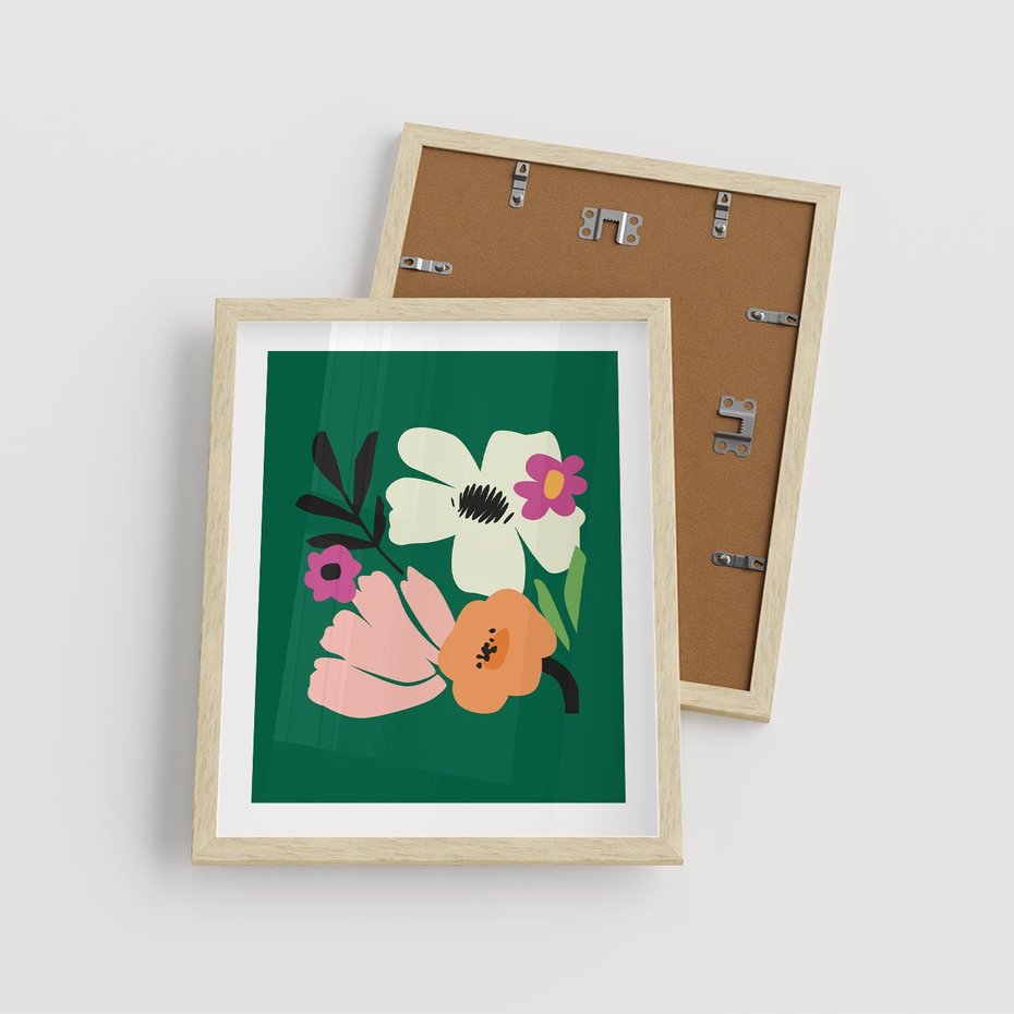 Plakat w ramie 40x50 - Rozbijające Echa - abstrakcyjne kwiaty, zielone tło - rama drewno