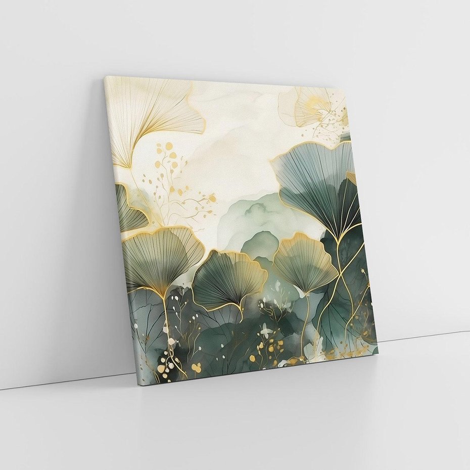 Obraz na płótnie 80x80 - Natura w Złotym Odcieniu - złote elementy, liście miłorzębu japońskiego