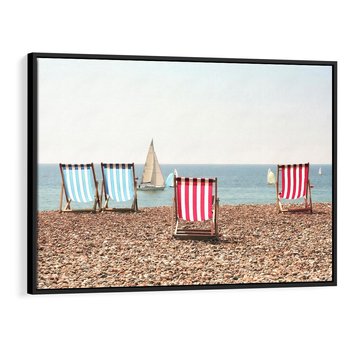 Obraz w ramie 70x50 - Letnia retro bajka - fotografia, pasiaste leżaki - rama czarna