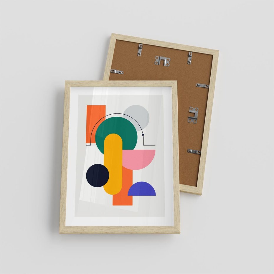 Plakat w ramie 30x40 - Harmonijne Przenikanie Form - nowoczesna sztuka, geometryczna kolorowa grafika - rama drewno