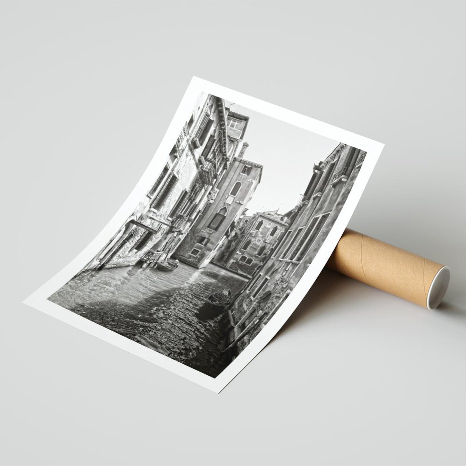 Plakat bez ramy 21x30 - Weneckie Kanały - czarno białe zdjęcie, wenecja