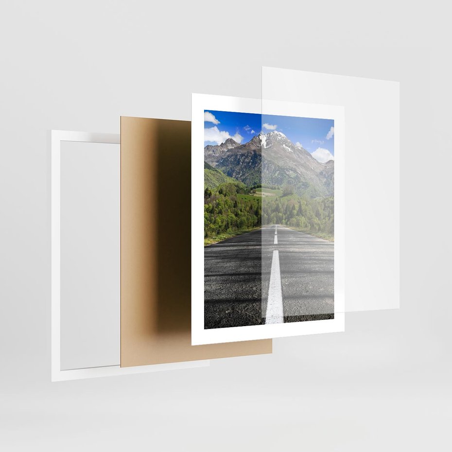 Plakat w ramie 40x50 - Droga przez góry: podróż do przygody - droga, góry - rama biała