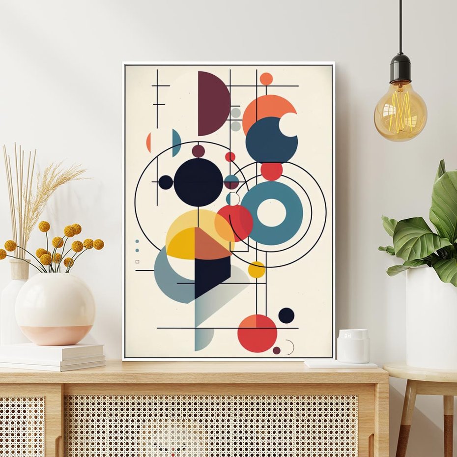 Obraz w ramie 80x120 - Rozbijające Barwne Granice - abstrakcyjna geometryczna kompozycja, koła linie - rama biała