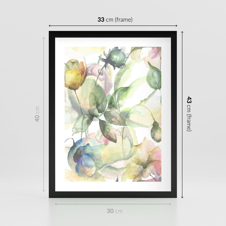 Plakat w ramie 30x40 - Delikatne Kolory - akwarelowe, kwiaty - rama czarna