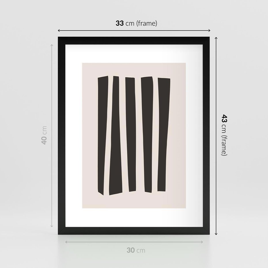 Plakat w ramie 30x40 - Migotliwa Transformacja Form - minimalizm, czarne pasy - rama czarna