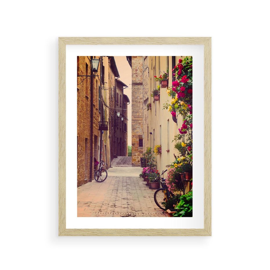 Plakat w ramie 30x40 - Rowerowa przygoda w uliczkach pełnych perspektywy - uliczka, perspektywa - rama drewno
