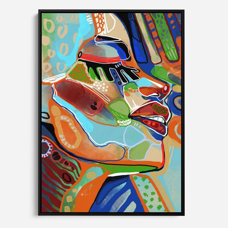 Obraz w ramie 70x100 - Kolorowe Wnętrza Kształtów - abstrakcyjny portret kobiety, twarz - rama czarna