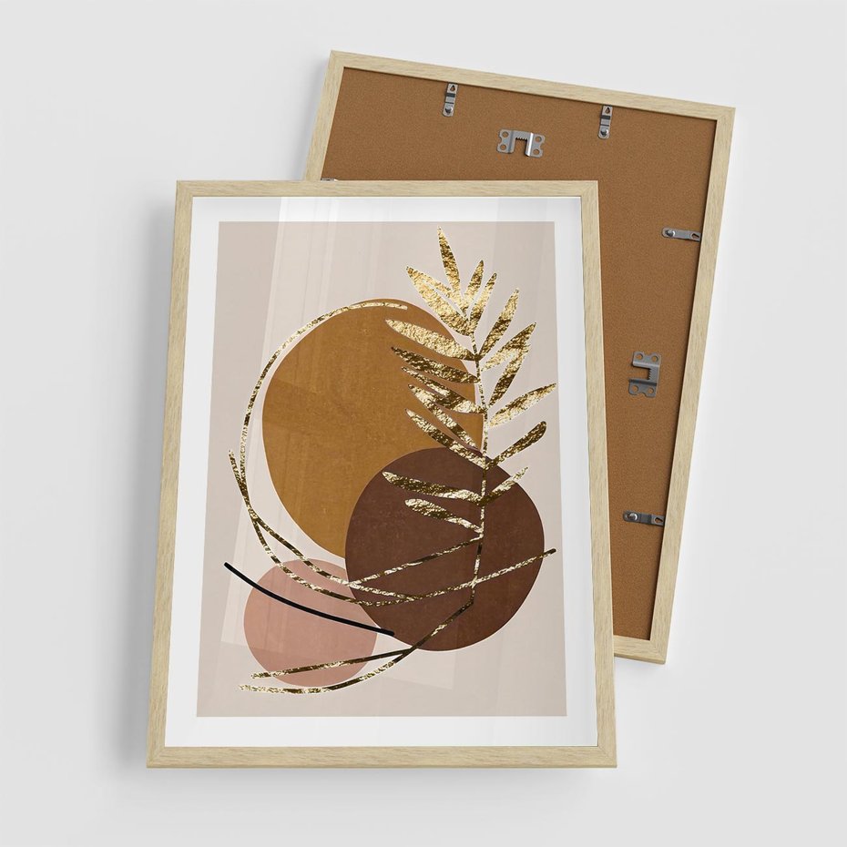 Plakat w ramie 50x70 - Taniec Przenikających Odbić - abstrakcyjny obraz, złote liście palmy - rama drewno