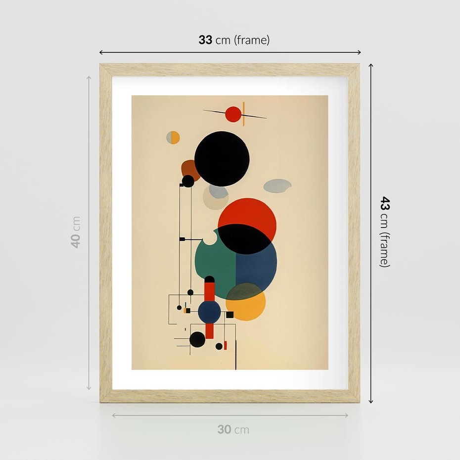 Plakat w ramie 30x40 - Migocące Impresje Odniesień - abstrakcyjna geometryczna kompozycja, koła linie - rama drewno