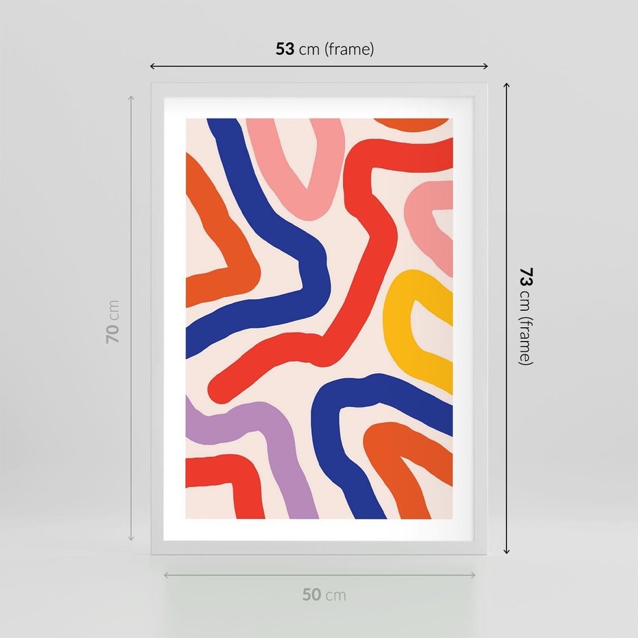 Plakat w ramie 50x70 - Intrygujące Widzenia - abstrakcyjny kolorowy obraz, kolorowe linie - rama biała