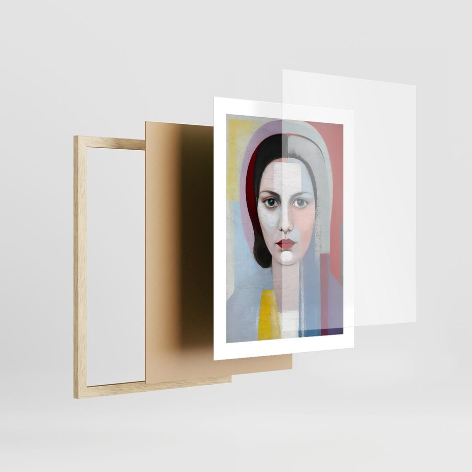 Plakat w ramie 30x40 - Kolorowe Granice Form - abstrakcyjny obraz olejny, portret twarzy kobiety - rama drewno