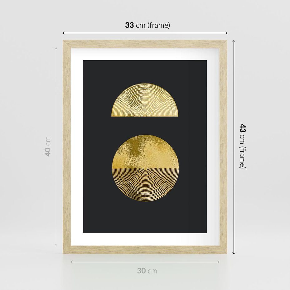 Plakat w ramie 30x40 - Migotliwe Przeniknięcia - złote koła, czarne tło - rama drewno