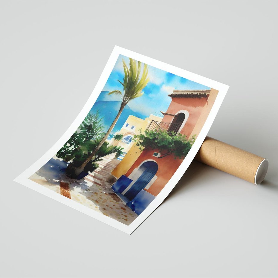 Plakat bez ramy 40x50 - Spokój Miasta nad Morzem - akwarela, sródziemnomorski klimat