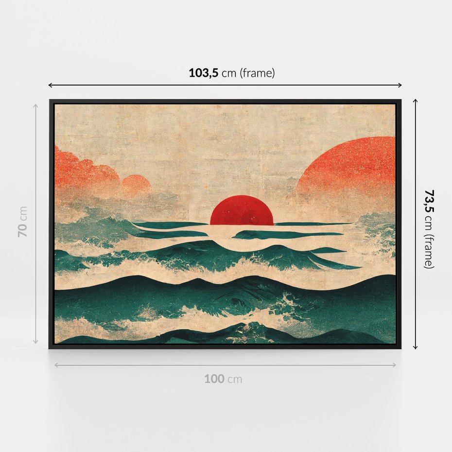 Obraz w ramie 100x70 - Czerwone Melodie - japońska sztuka, zachód słońca nad oceanem - rama czarna