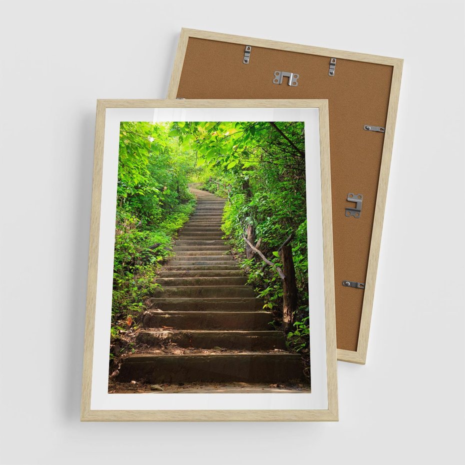 Plakat w ramie 50x70 - Lasowa ścieżka pełna tajemnic - ścieżka, schody - rama drewno