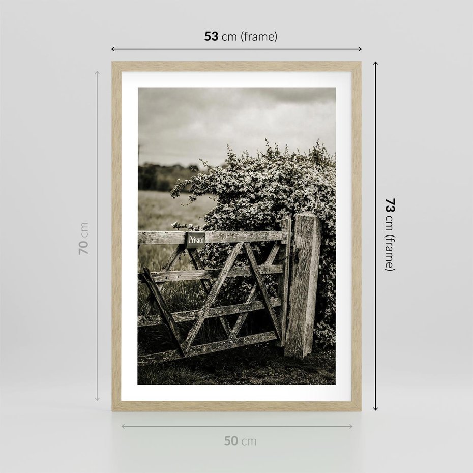 Plakat w ramie 50x70 - Wiejski Urok: Stary Płot i Kwitnący Krzew - rustykalne zdjęcie, stary płot - rama drewno