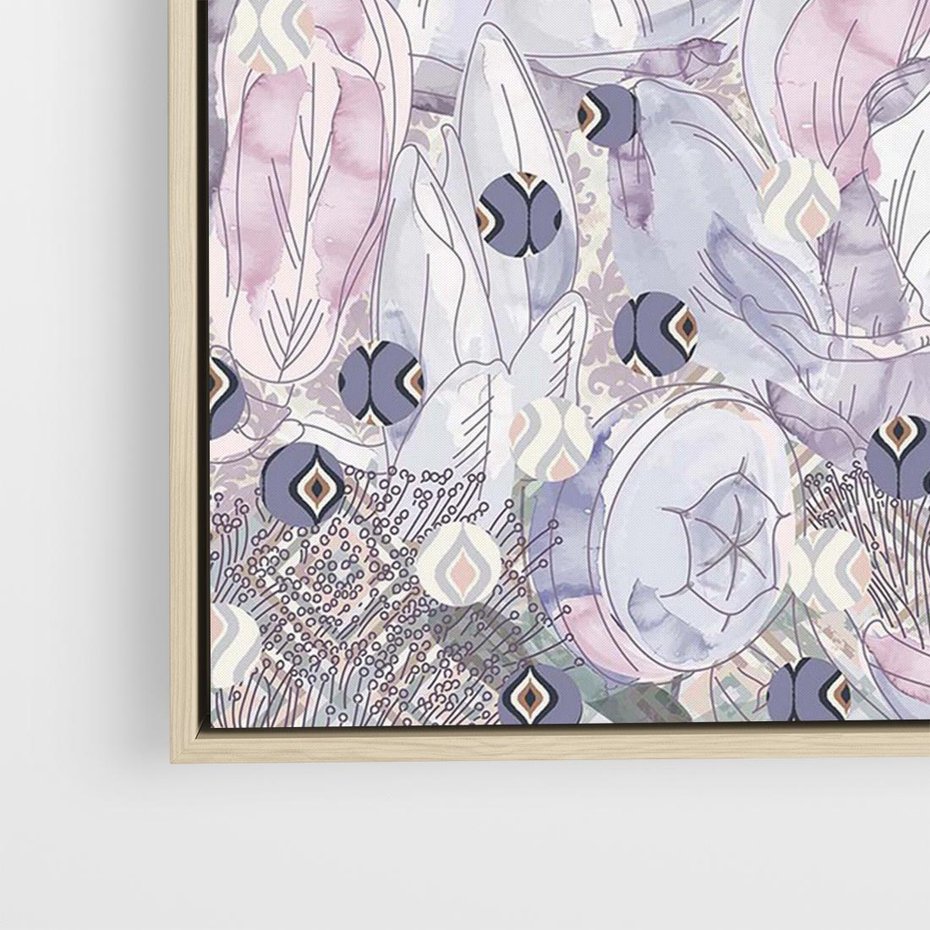 Obraz w ramie 120x80 - Malowane oddechy istnienia - pomieszane tekstury, kwiatowe elementy - rama drewno