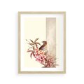 Plakat w ramie 30x40 - Kwiatowe Zanurzenie - japońska sztuka, ptak - rama drewno