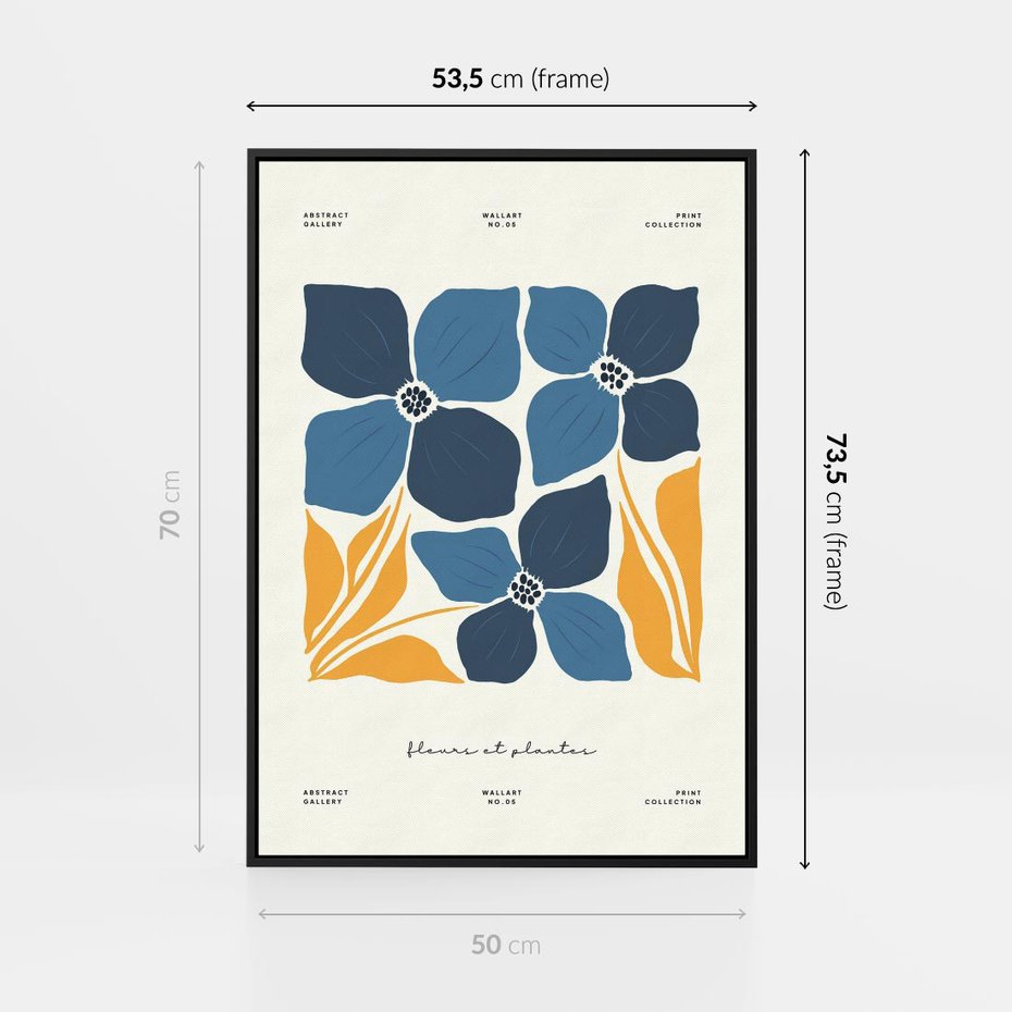 Obraz w ramie 50x70 - Błękitne Nowości - niebieskie kwiaty, nowoczesna sztuka - rama czarna