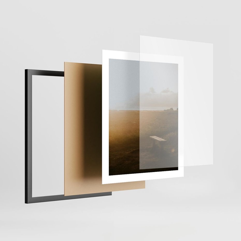 Plakat w ramie 40x50 - Mglisty zachód słońca na ławeczce - mgła, zachód - rama czarna