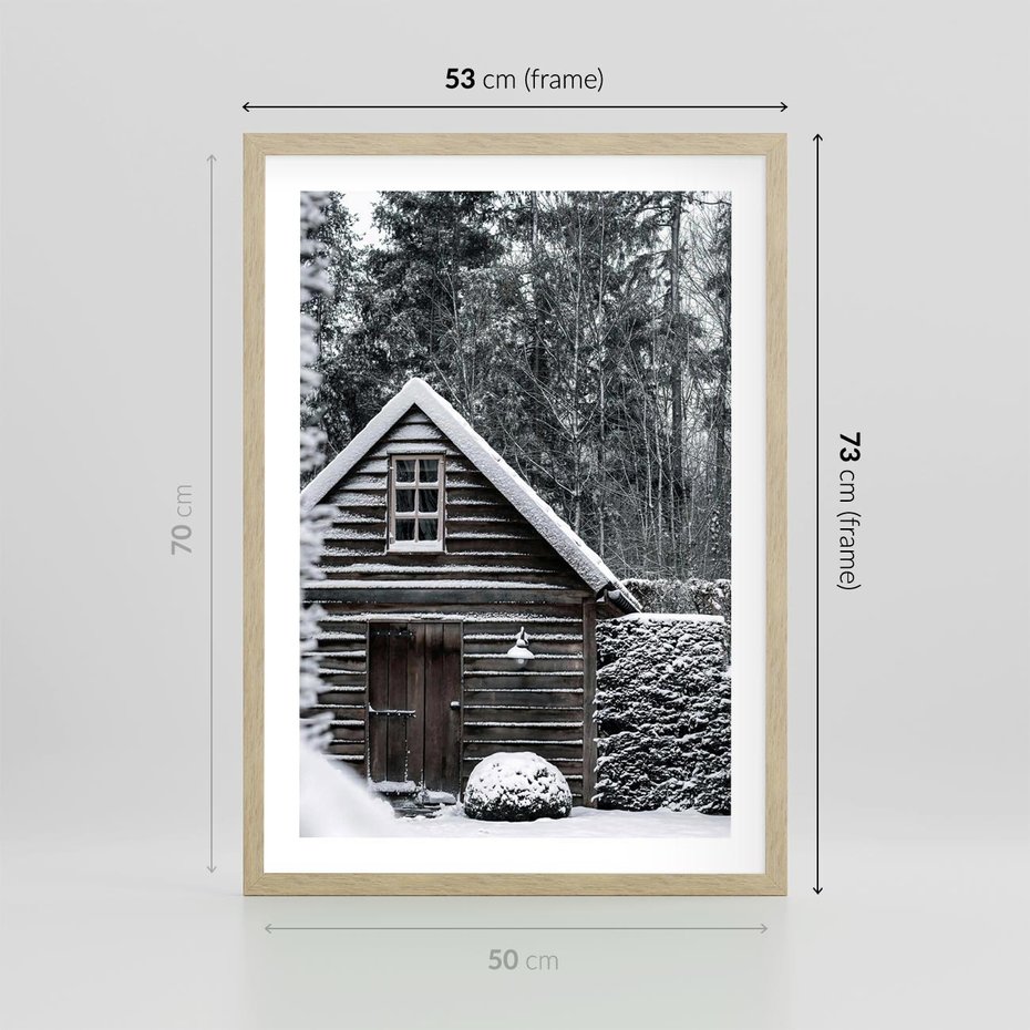 Plakat w ramie 50x70 - Zaklęta Zima - domek w lesie, śnieg - rama drewno