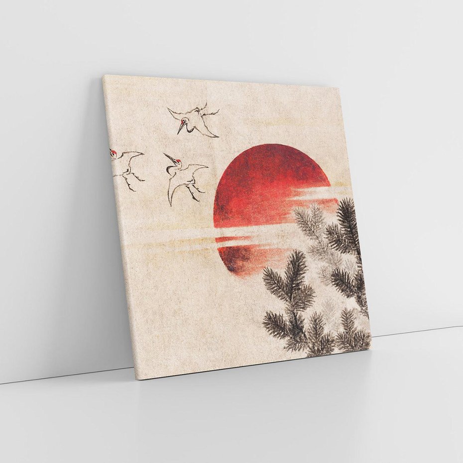 Obraz na płótnie 40x40 - "Birds and sunset" Katsushiki Hokusai - Reprodukcja - reprodukcja, obraz na płótnie