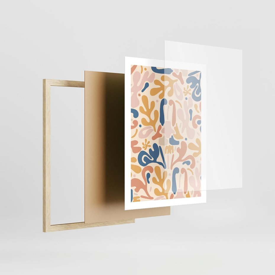 Plakat w ramie 50x70 - Symfonia Radosnych Barw - abstrakcyjne pastelowe formy, nowoczesna grafika w stylu boho - rama drewno