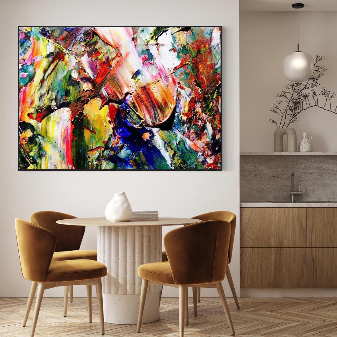 Obraz w ramie 100x70 - Szalejące ognie kolorów - abstrakcja, farby olejne - rama czarna