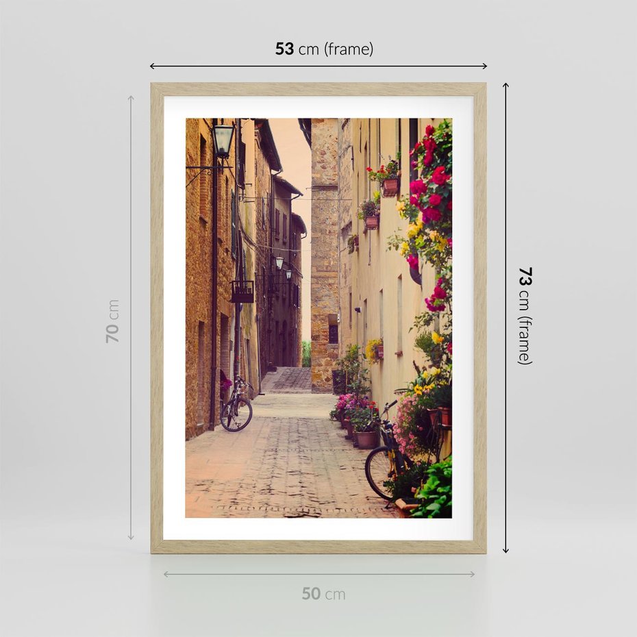 Plakat w ramie 50x70 - Rowerowa przygoda w uliczkach pełnych perspektywy - uliczka, perspektywa - rama drewno