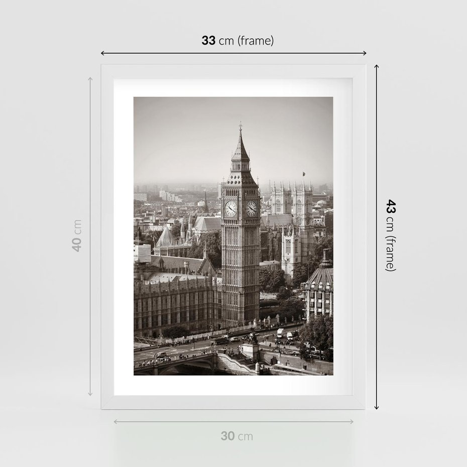 Plakat w ramie 30x40 - Magiczna esencja Londynu: Big Ben i miasto - Big Ben, Londyn - rama biała