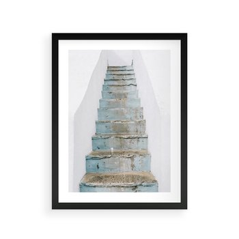 Plakat w ramie 50x70 - Niebieskie Schody Santorini - stare kamienne schody, niebieskie schody - rama czarna