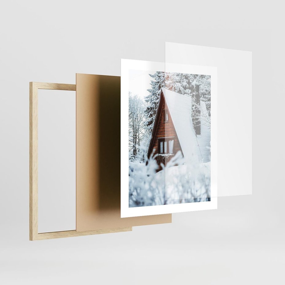 Plakat w ramie 40x50 - Zimowe Ustronie w Lesie - domek w lesie, zimowy las - rama drewno
