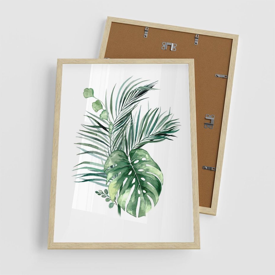 Plakat w ramie 50x70 - Liście i Życie: Akwarelowa Oaza - akwarelowy obrazek, pamy - rama drewno