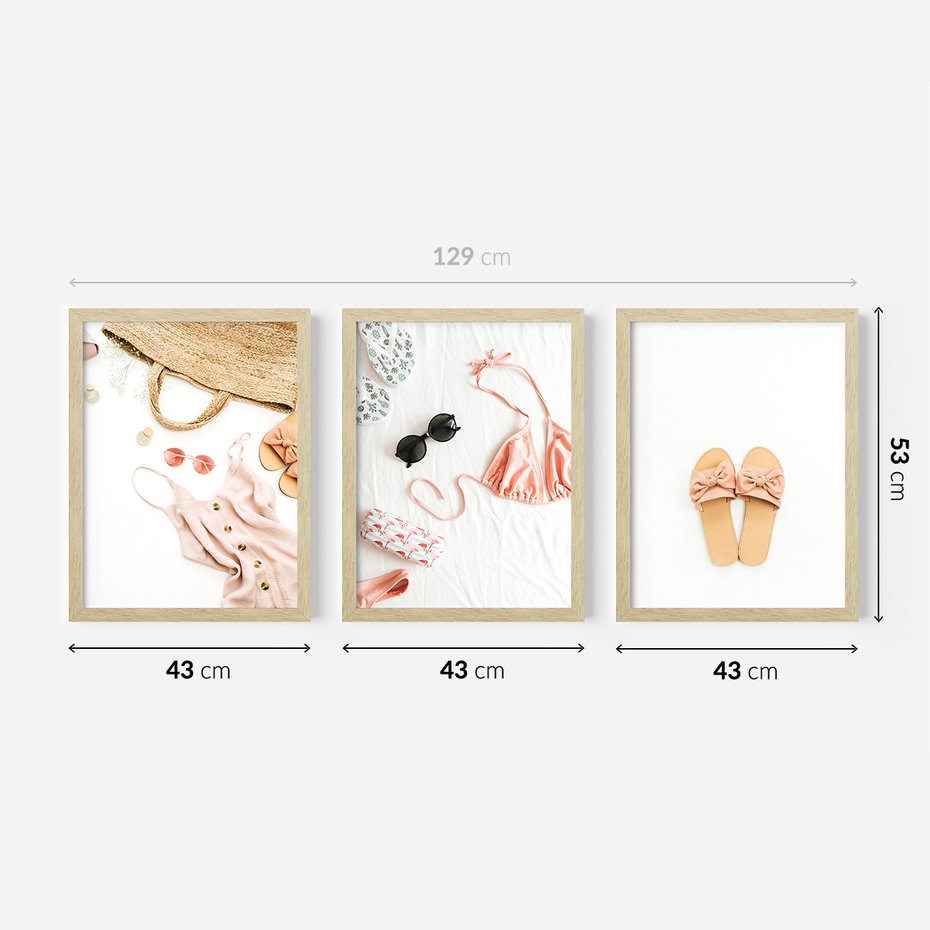 Zestaw obrazy w ramie 40x50 galeria - Wakacje, klapki, torba, moda - rama drewno