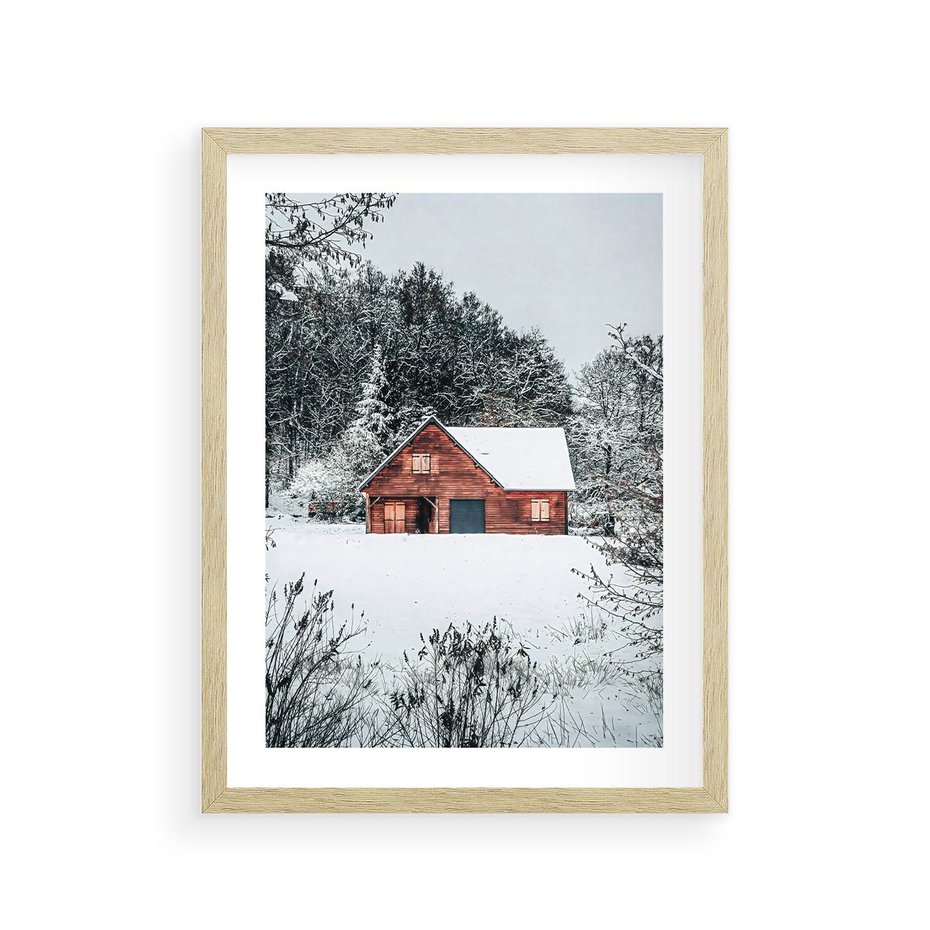 Plakat w ramie 30x40 - Domek w Górach Pokryty Śniegiem - domek w górach, śnieg - rama drewno