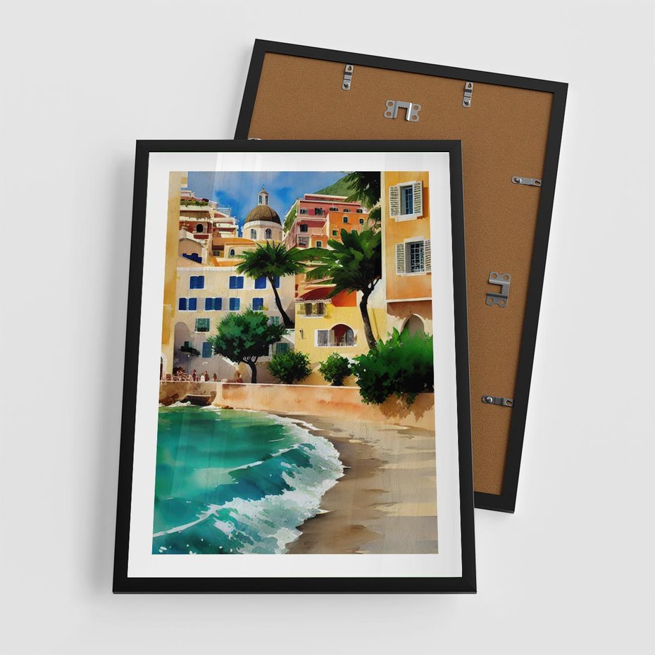 Plakat w ramie 50x70 - Zamieszkajmy Tu - akwarela, śródziemnomorski klimat - rama czarna