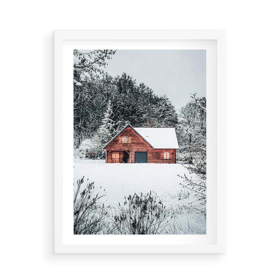 Plakat w ramie 50x70 - Domek w Górach Pokryty Śniegiem - domek w górach, śnieg - rama biała